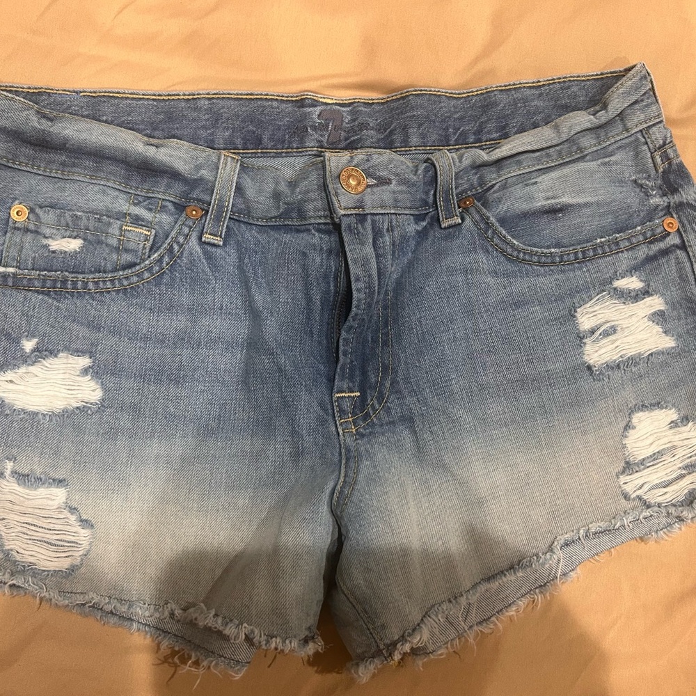 7 For All Mankind Light Blue Distressed Jean Shorts